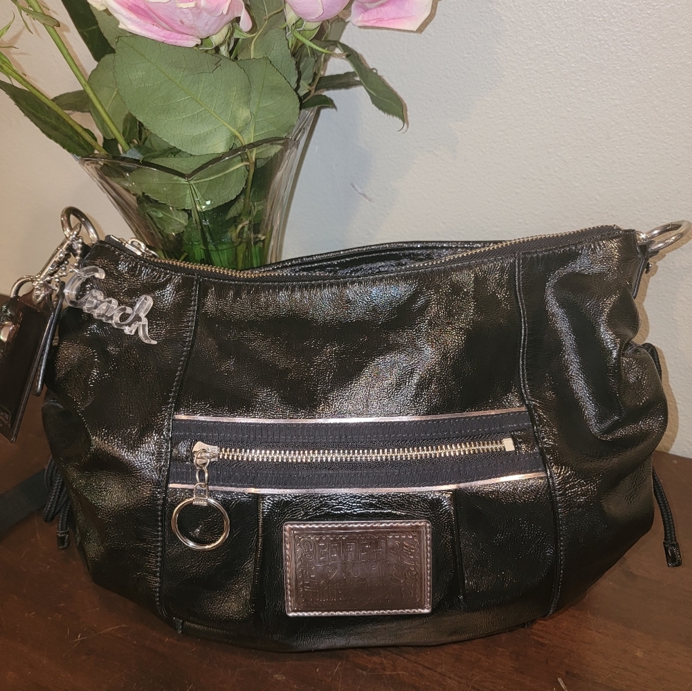 RARE Coach poppy bag shimmer black teal inside